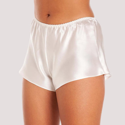 White silk satin French Elegance knickers by Snazzyway, featuring smooth, luxurious fabric and delicate detailing.