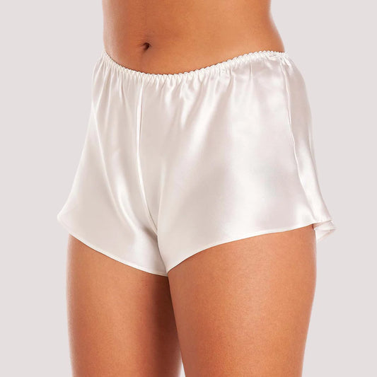White silk satin French Elegance knickers by Snazzyway, featuring smooth, luxurious fabric and delicate detailing.