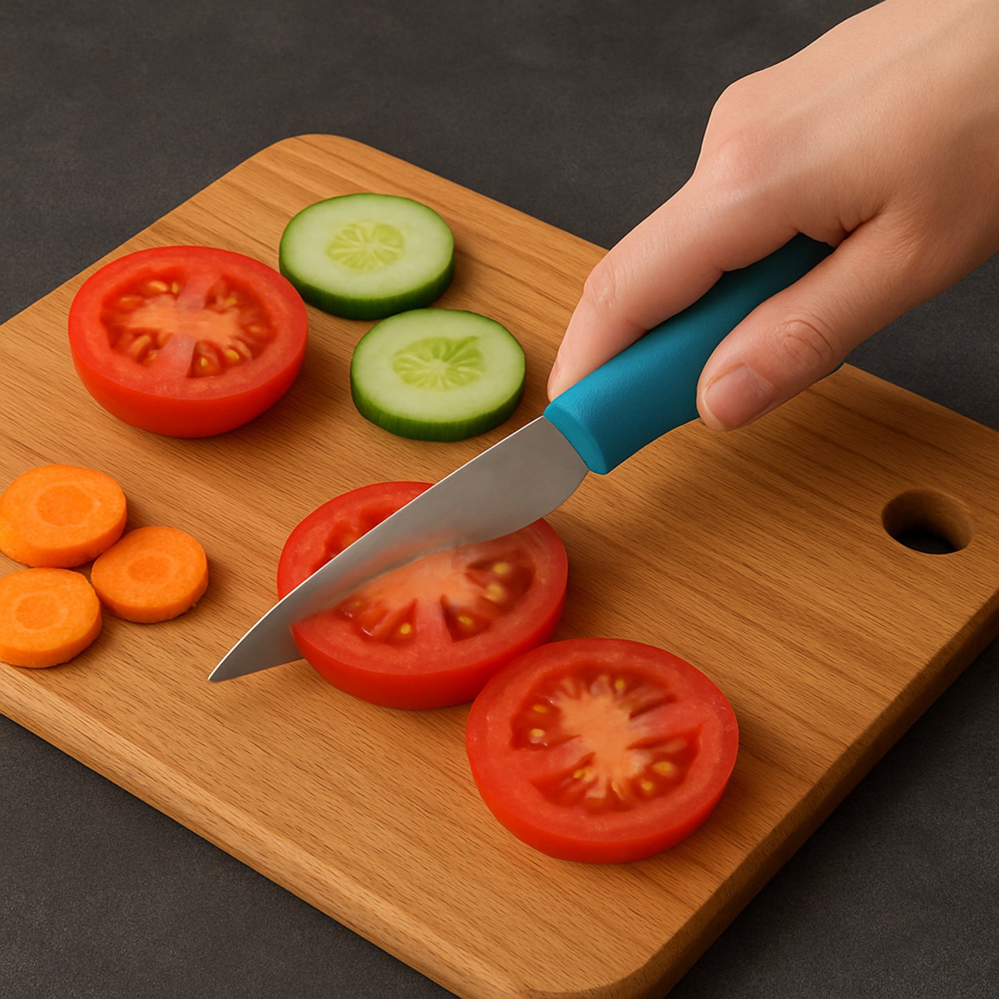 Wukusy Supermom premium stainless steel kitchen utility knife with black handle, ideal for slicing and chopping in home kitchen.
