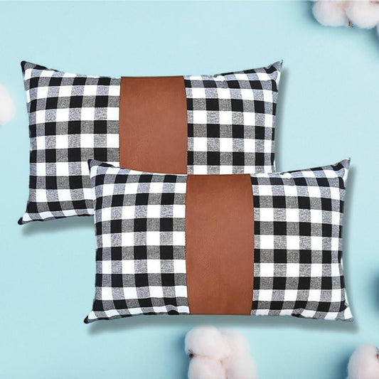 Pair of Wukusy leather and cotton pillow covers, 19x12 inch cushion covers for home decor, set of 2.