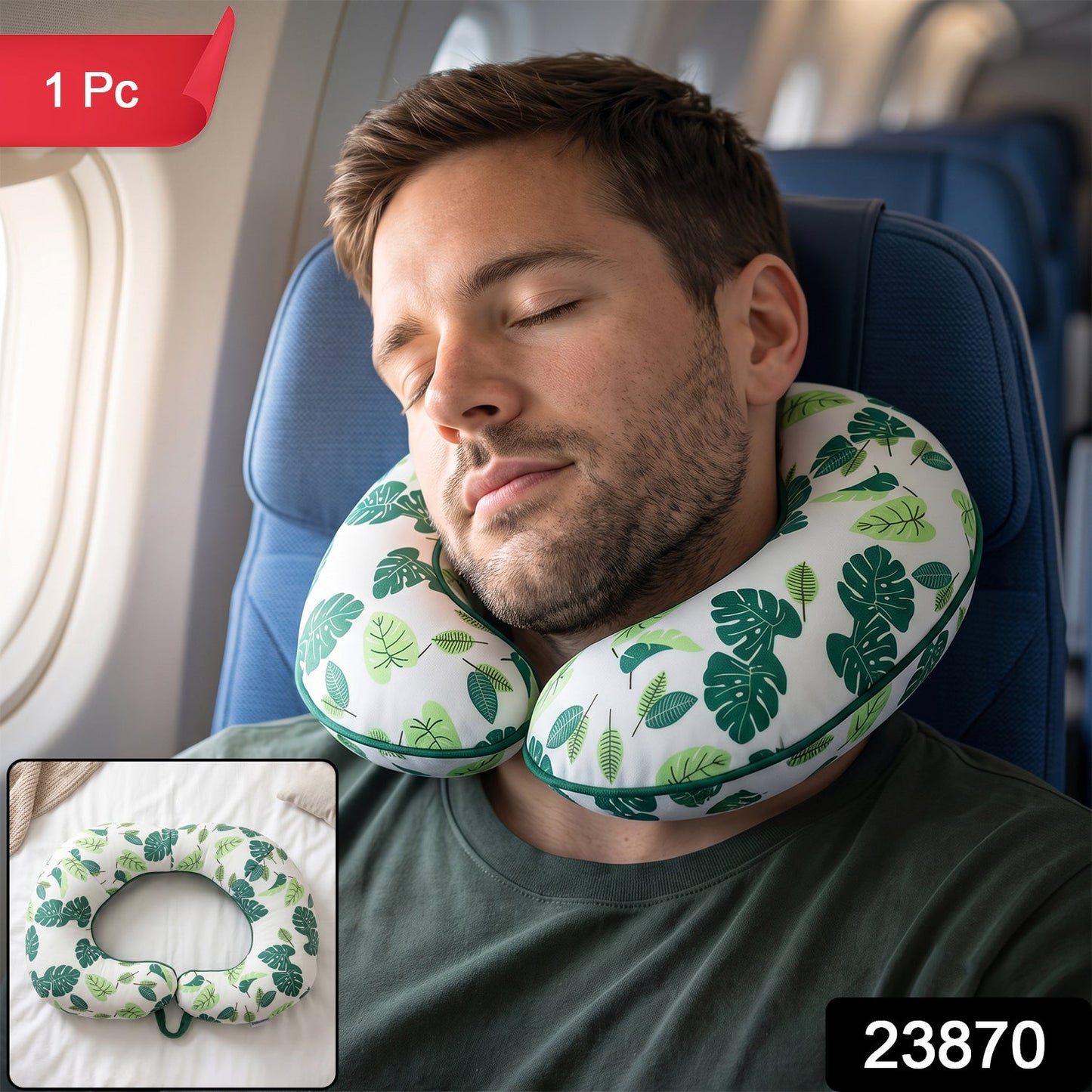 Green leaf print U-shaped travel neck pillow by Wukusy, soft head support for comfortable travel rest.