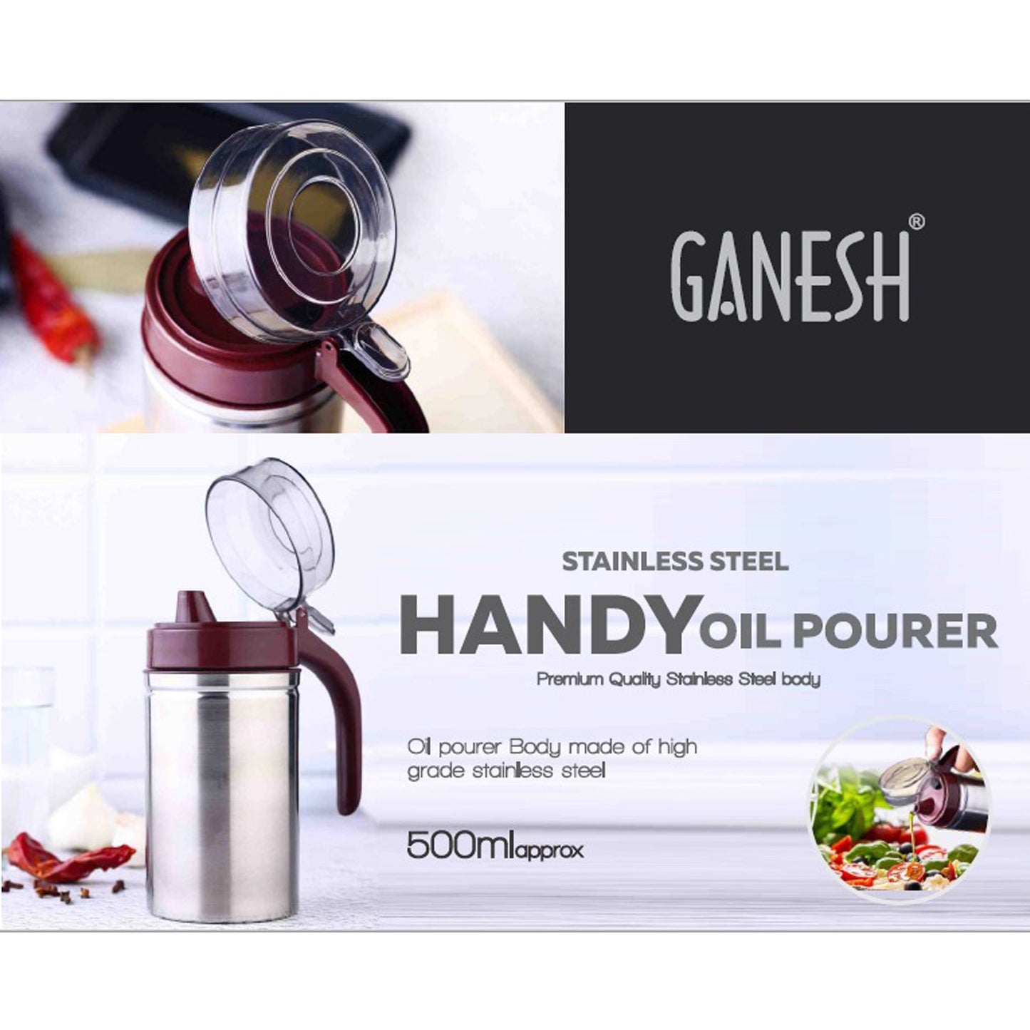 Wukusy stainless steel oil dispenser with small nozzle, 500ml capacity, ideal for kitchen use and precise oil pouring.
