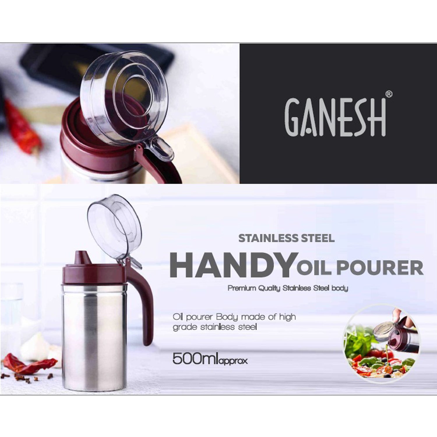 Wukusy stainless steel oil dispenser with small nozzle, 500ml capacity, ideal for kitchen use and precise oil pouring.