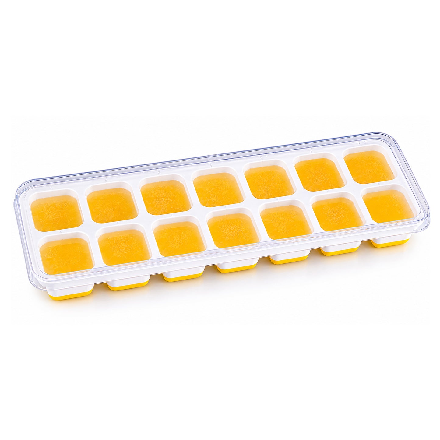 Wukusy 14-cavity ice cube tray with lid, easy release silicone mold for fridge freezer, clear view of frozen ice cubes.