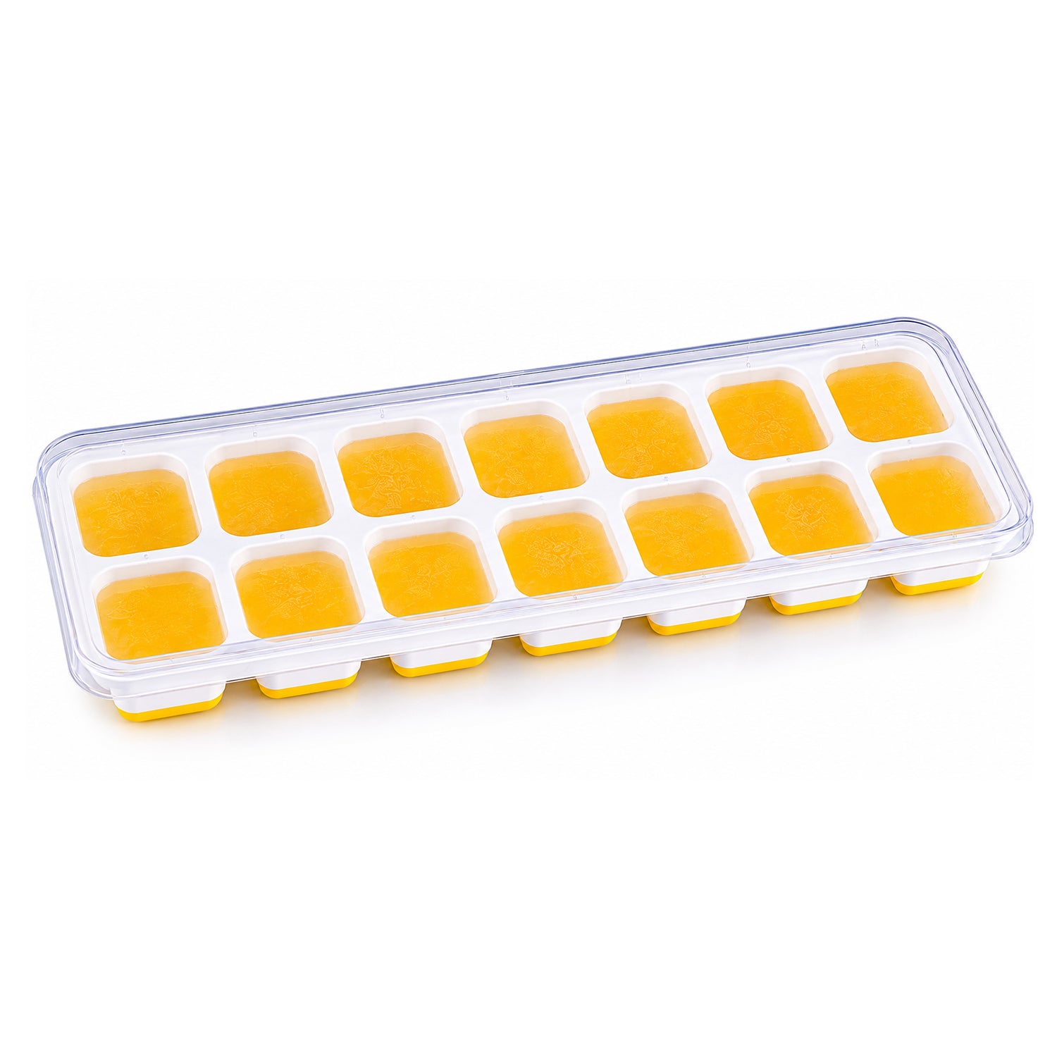 Wukusy 14-cavity ice cube tray with lid, easy release silicone mold for fridge freezer, clear view of frozen ice cubes.