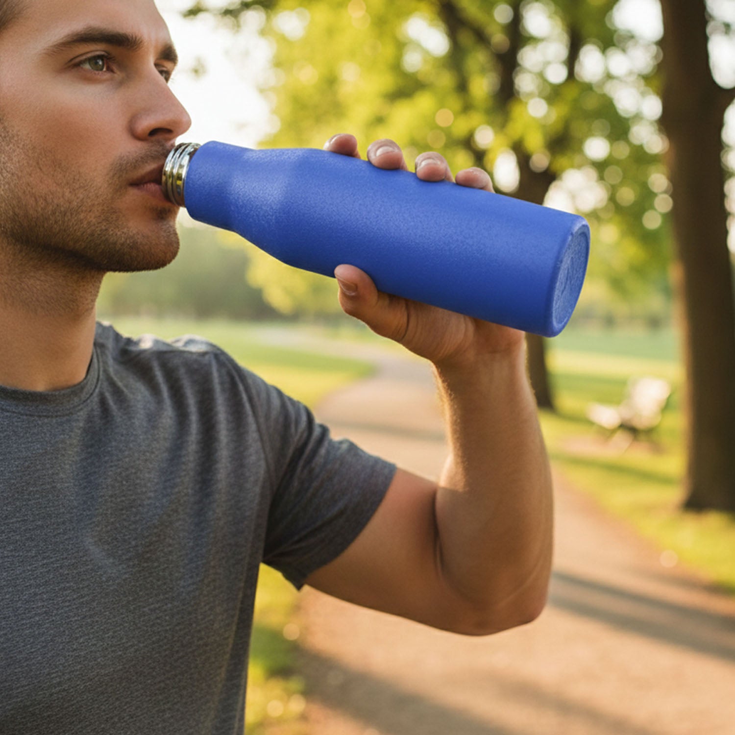 Blue Wukusy stainless steel water bottle, 1000ml capacity, with a sleek, durable design for everyday hydration.