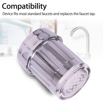 Wukusy multi-color changing LED stream faucet tap adapter attached to kitchen sink faucet, illuminating water flow with colorful lights