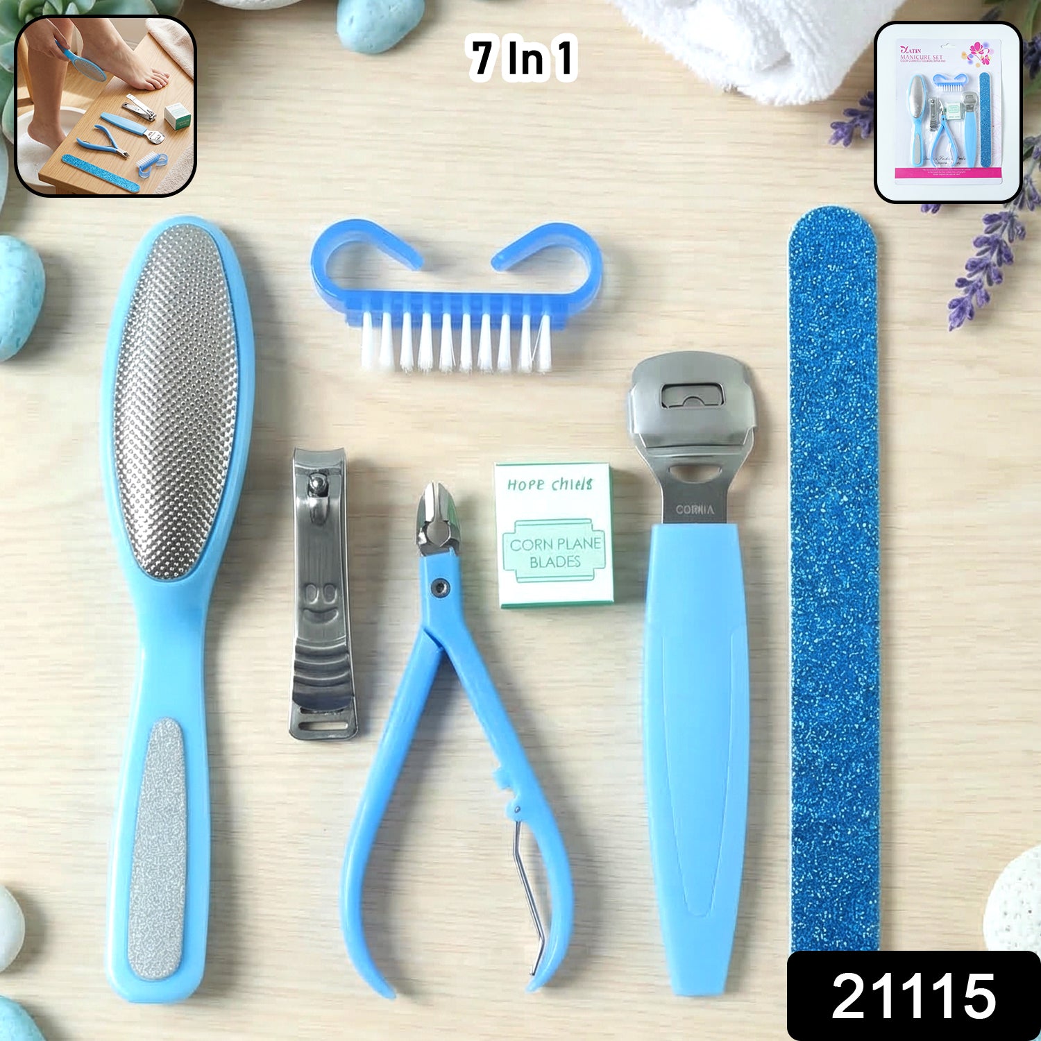 Wukusy 7-in-1 pedicure and manicure foot care tool kit with various stainless steel tools for nail and foot grooming.