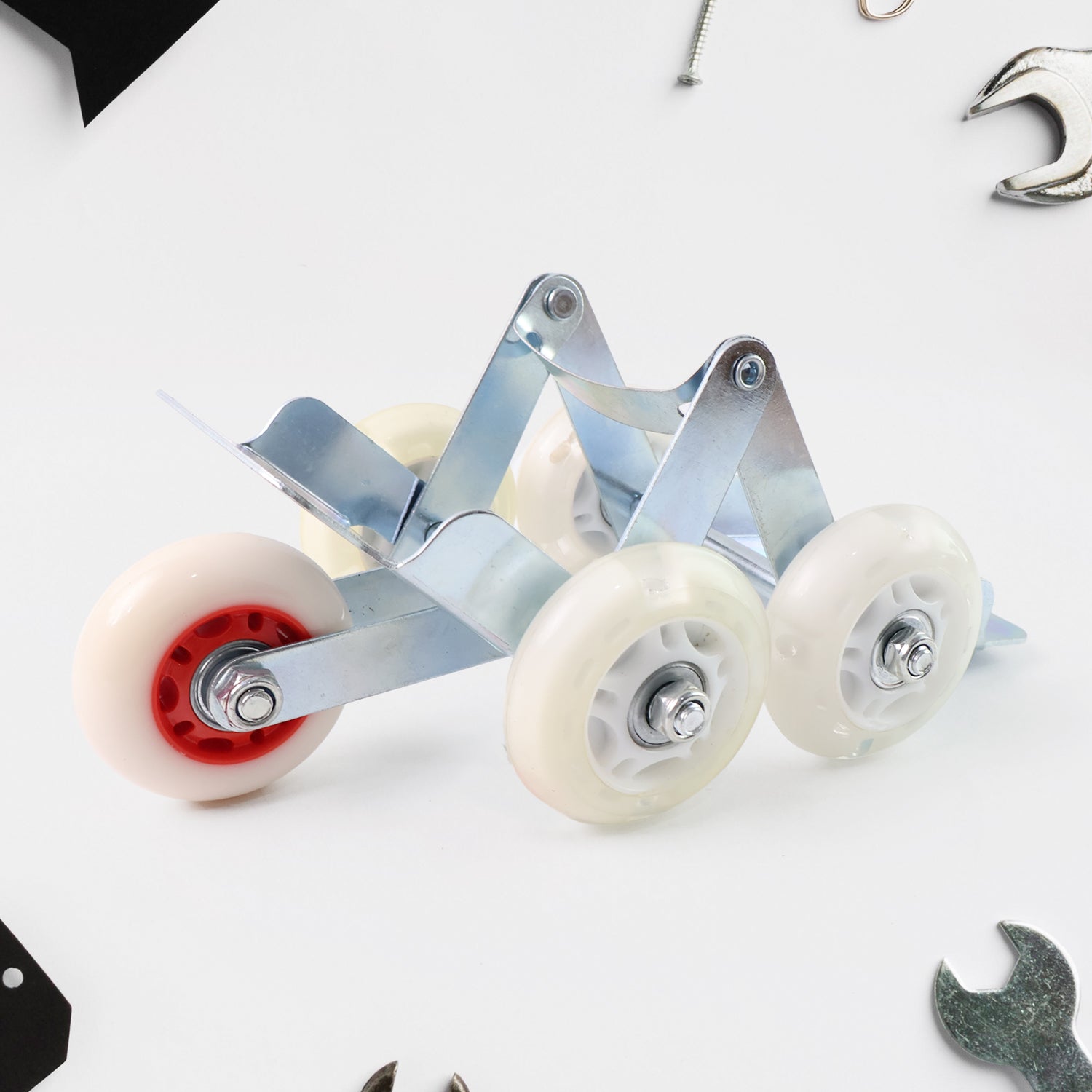 Heavy-duty motorcycle front wheel parking roller stand by Wukusy, showing the sturdy metal construction and wheel support design.