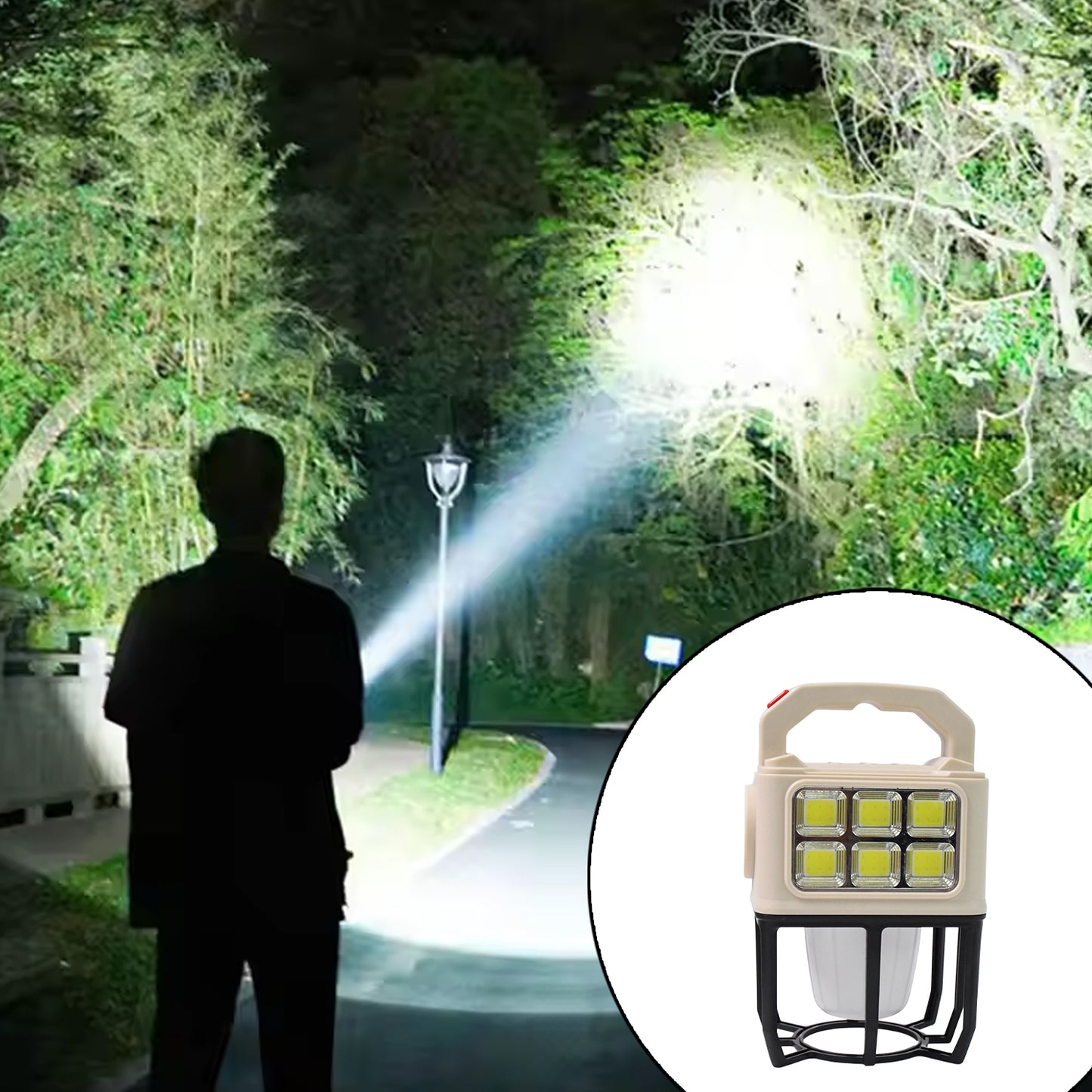 Wukusy solar portable camping lantern with three light modes, compact design for outdoor camping and hiking.