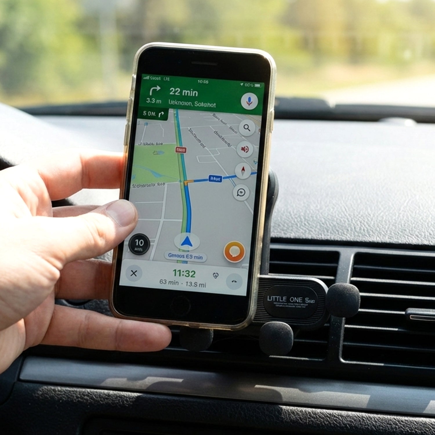 Wukusy universal car air vent mobile phone holder mounted on car vent, holding a smartphone securely for easy access while driving.