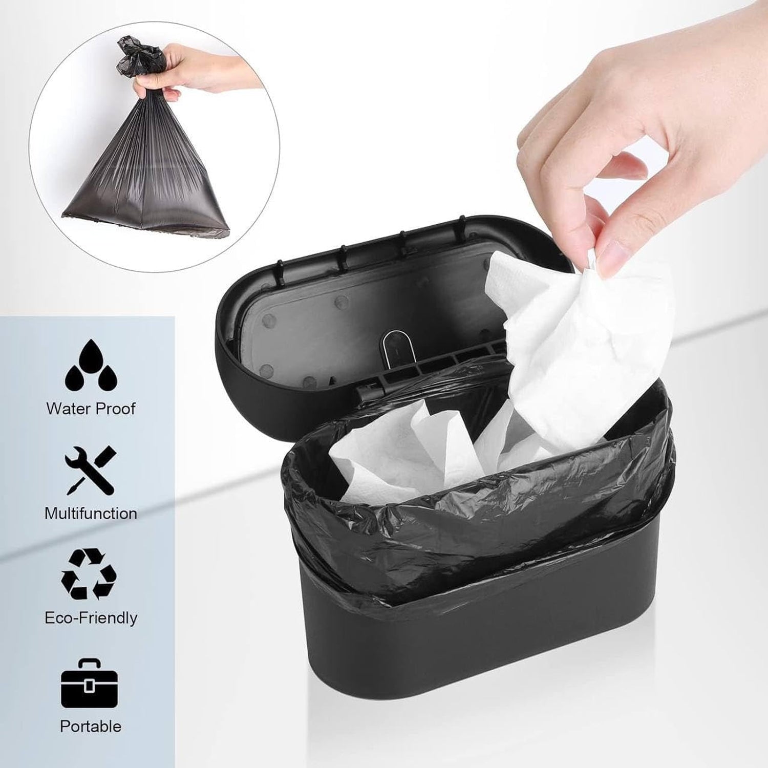 Wukusy mini waterproof car trash can with lid, compact storage bin for organizing trash in vehicle interior.