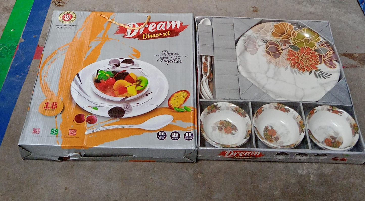 Wukusy 6-piece plastic dinner set with floral printed plates, bowls, and serving spoons, microwave and dishwasher safe.
