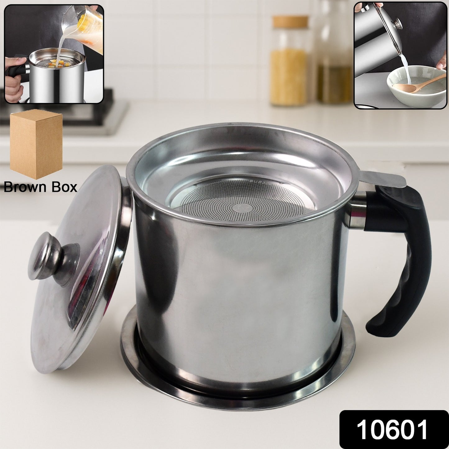 Wukusy stainless steel oil strainer pot with lid and filter mesh for draining and filtering cooking oils in the kitchen