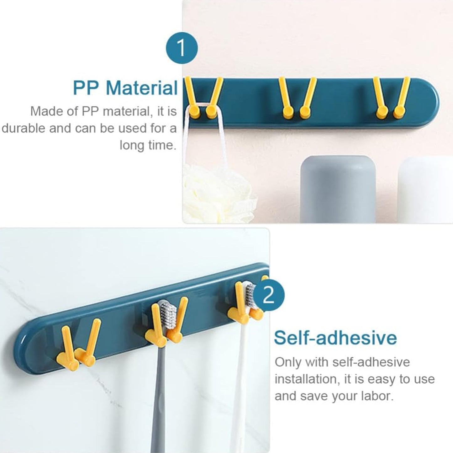 Wukusy plastic toothbrush holder and bathroom organizer with wall-mounted hooks and shelf for bathroom storage.