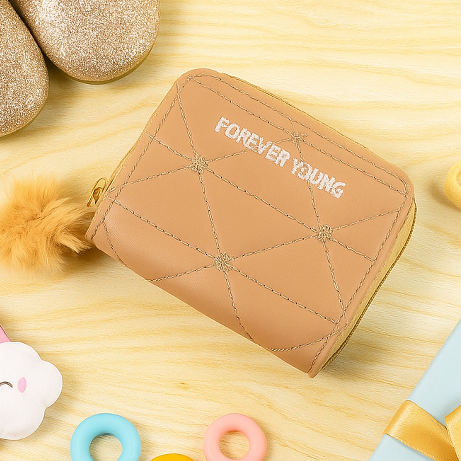Kids travel wallet by Wukusy featuring soft fur zip puller, compact design, ideal for children’s essentials and easy handling.