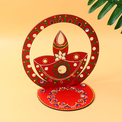 Handcrafted wooden diya stand for home decor, featuring intricate carvings and natural wood finish, suitable for decorative lighting.