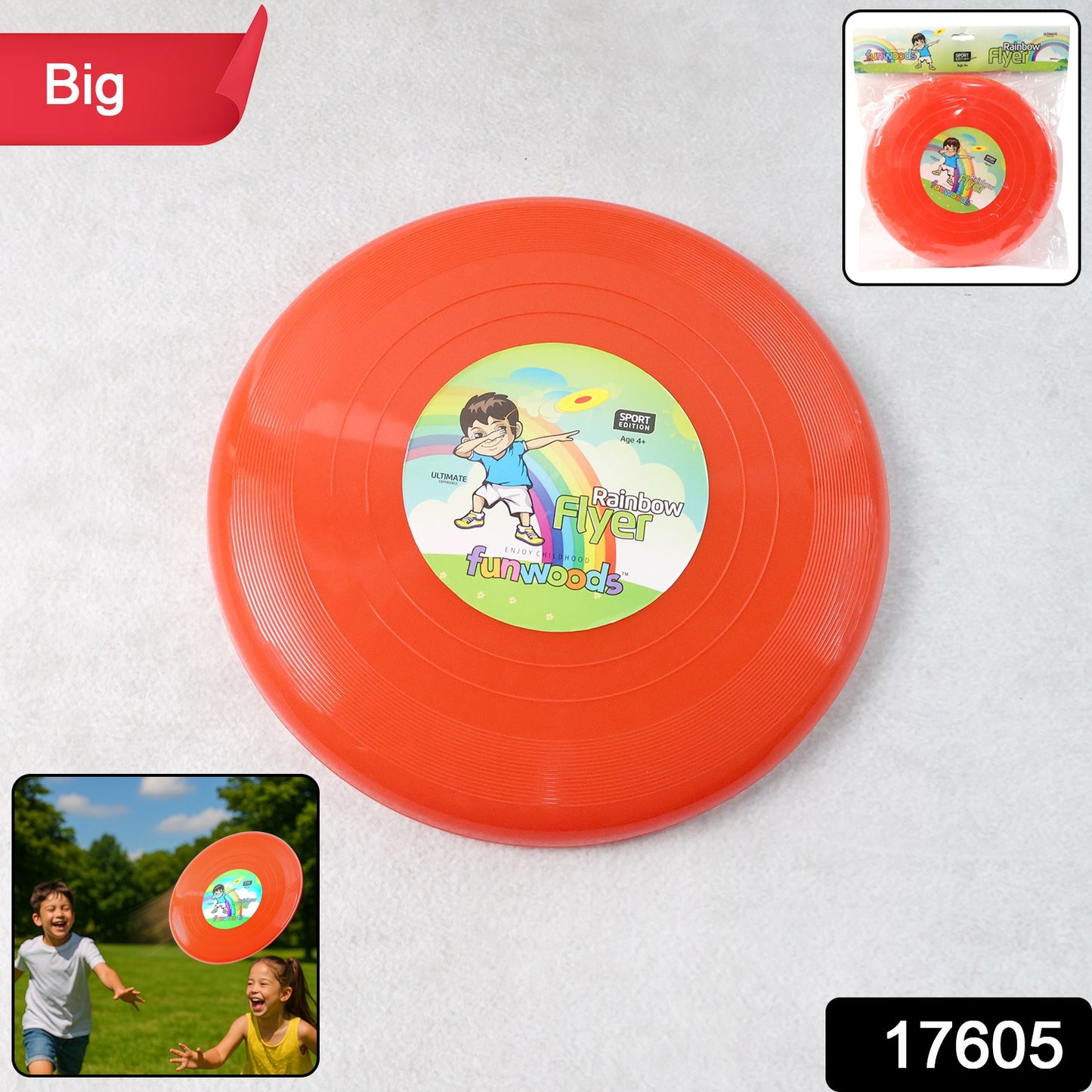 Wukusy Funwoods Big Outdoor Flying Disc toy for kids, suitable for throwing and catching outdoor game activities.
