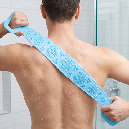 Wukusy long silicone body back scrubber belt for bath, soft and flexible for exfoliating and cleansing skin during shower.