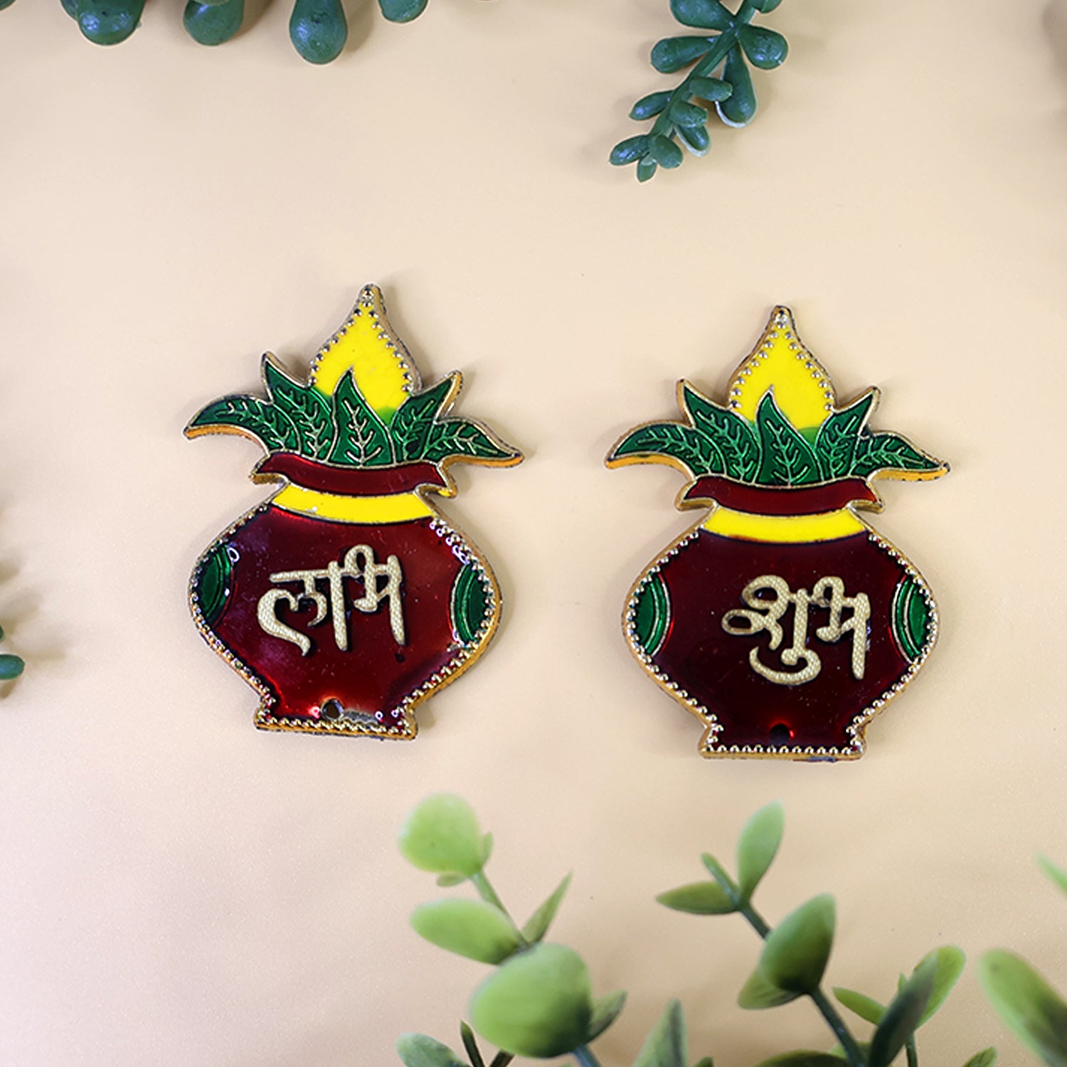 Two Wukusy Shubh Labh Kalash wall hangings, traditional home decor with vibrant designs and intricate detailing.
