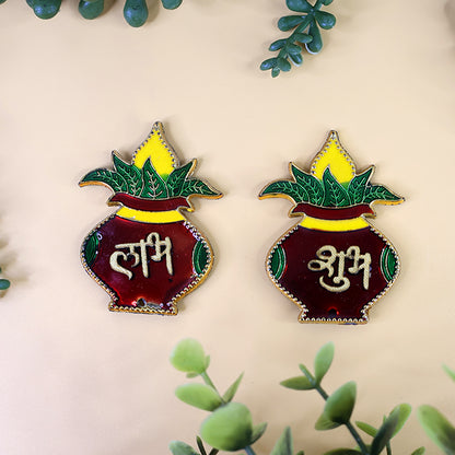 Two Wukusy Shubh Labh Kalash wall hangings, traditional home decor with vibrant designs and intricate detailing.