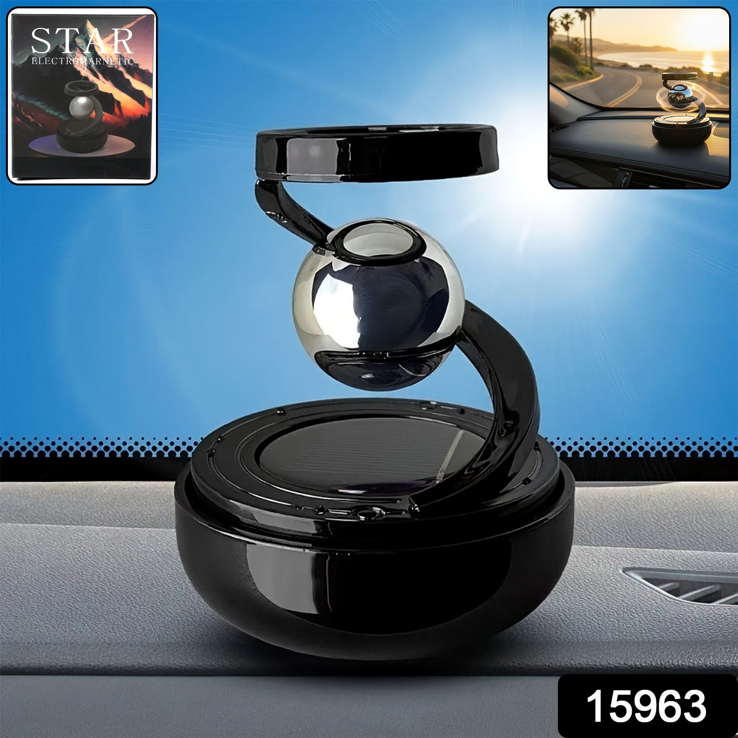 Wukusy premium solar-powered rotating car air freshener hanging from a car interior, showcasing sleek design and fresh scent release