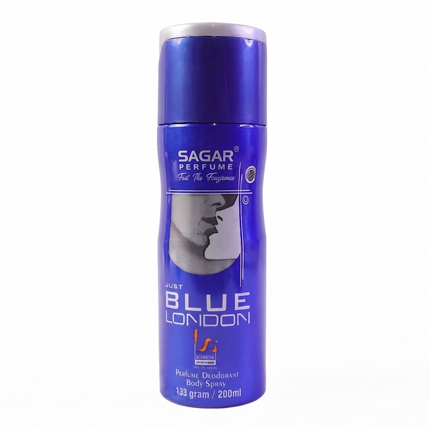 Wukusy Sagar Just Blue London perfume body spray deodorant for men, 200ml bottle with sleek blue design and spray nozzle.