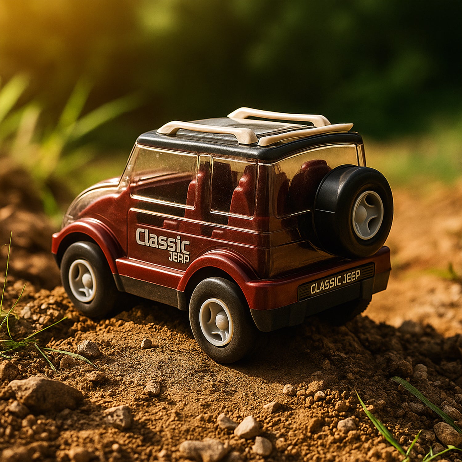 Friction-powered classic Jeep toy car for kids, white and green, with rugged design, by Wukusy, suitable for young children.