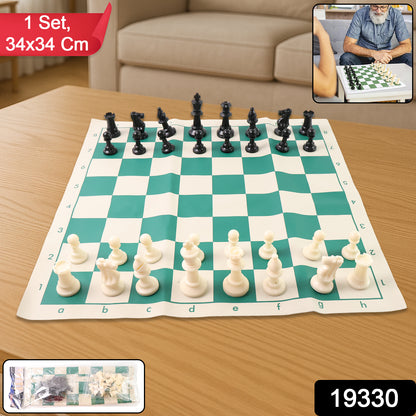 Small Wukusy premium portable plastic chess set with black and white chess pieces on a wooden board for travel and casual play.
