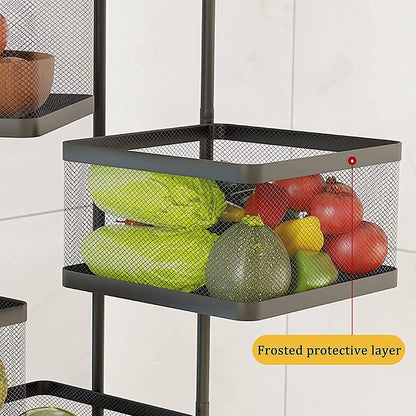 Wukusy metal kitchen trolley with four-layer square design, wheels, for storing fruits, vegetables, onions, and kitchen accessories.