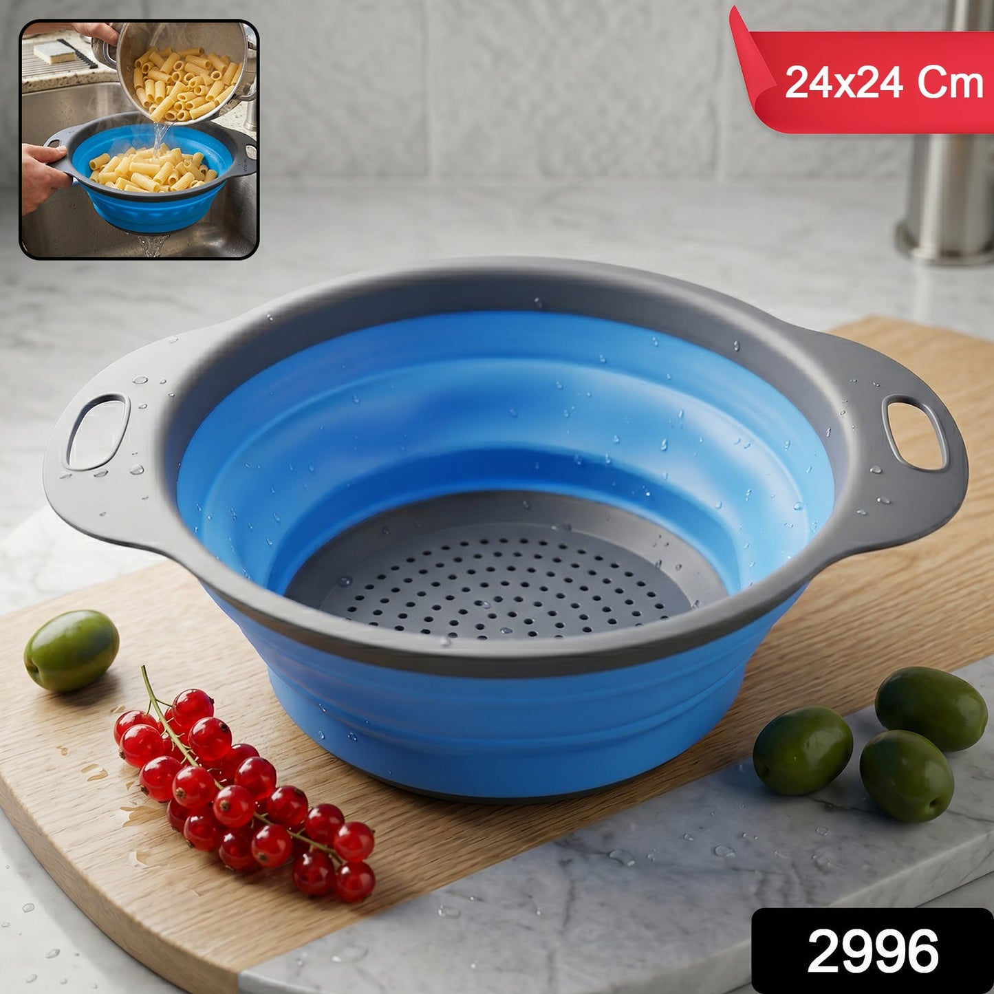 Wukusy silicone collapsible kitchen strainer for easy draining, space-saving design, flexible silicone material, and compact storage.