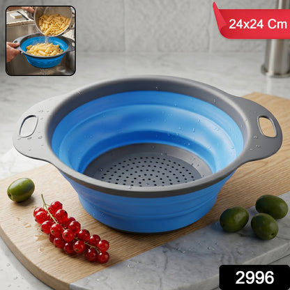 Wukusy silicone collapsible kitchen strainer for easy draining, space-saving design, flexible silicone material, and compact storage.