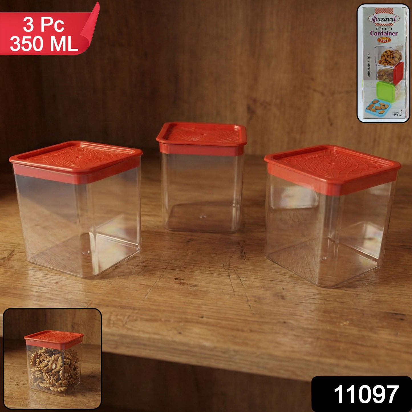 Wukusy 3-piece airtight food storage container set with 350ml containers for keeping snacks and leftovers fresh.