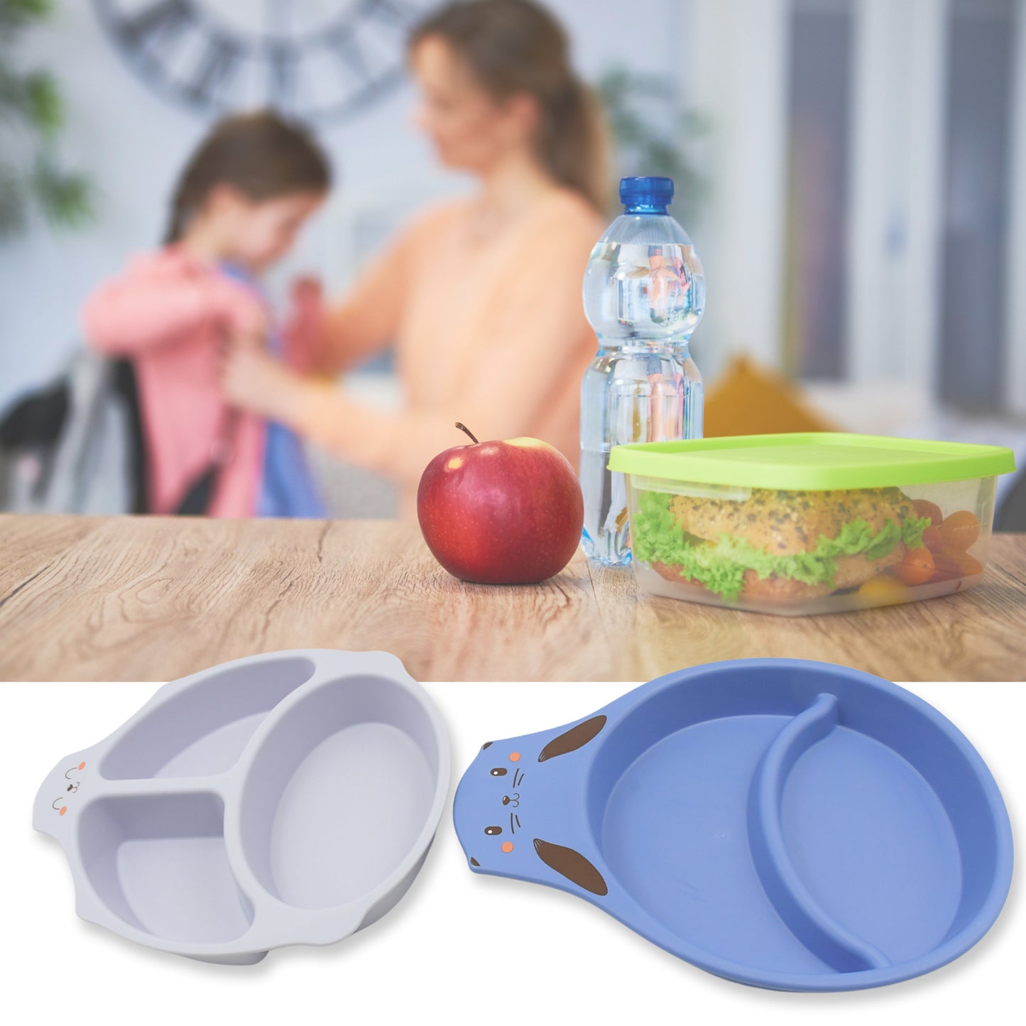 Wukusy bamboo fiber baby feeding set with cartoon design, includes plate, cup, spoon, fork, chopsticks for kids and toddlers.