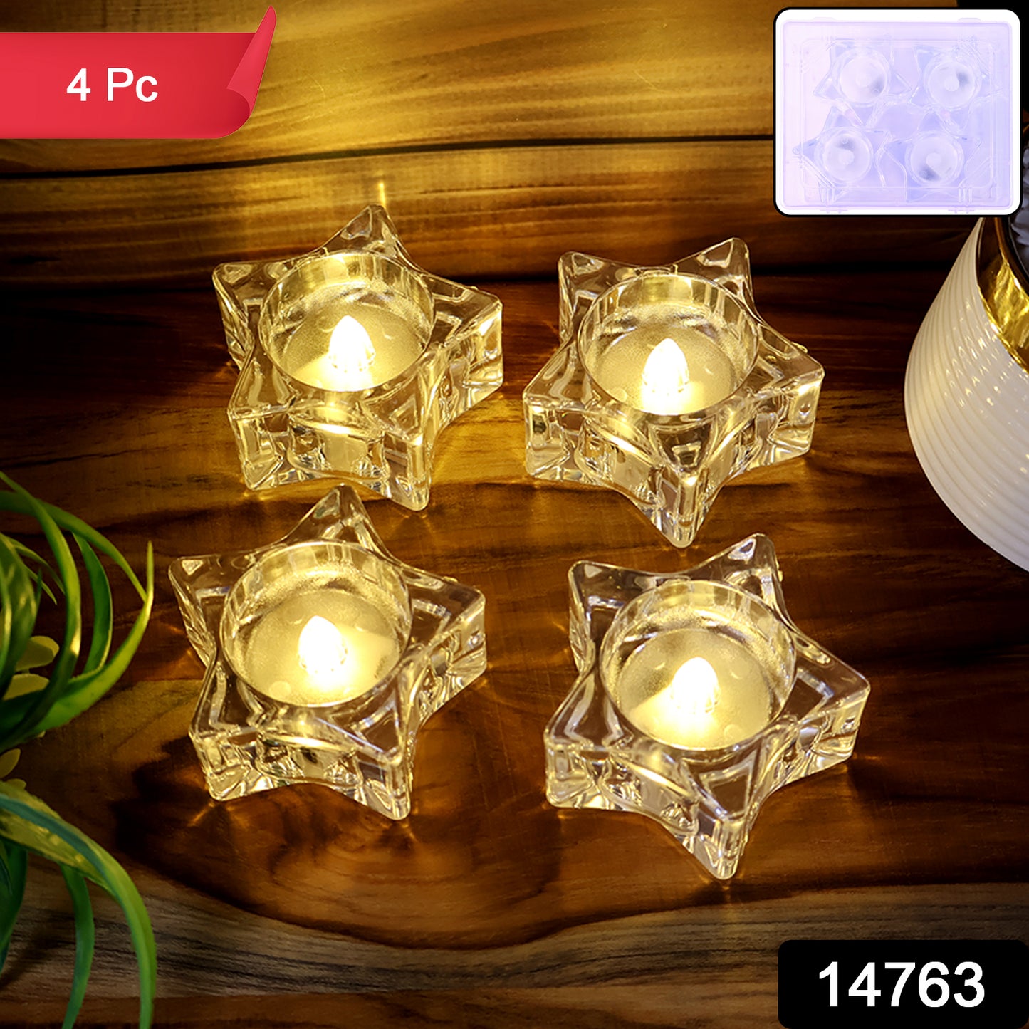 Set of four flameless star-shaped LED candles from Wukusy, ideal for home decor with realistic flickering light.