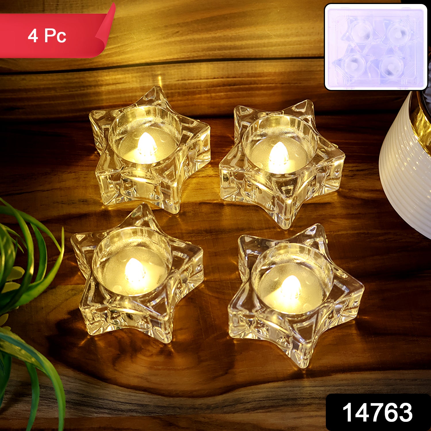 Set of four flameless star-shaped LED candles from Wukusy, ideal for home decor with realistic flickering light.