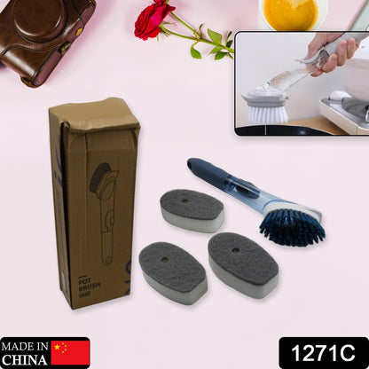 Wukusy 1271c mix color dish scrubber with soap dispenser, kitchen dish brush set, refill heads, and handle for sink and pot cleaning.