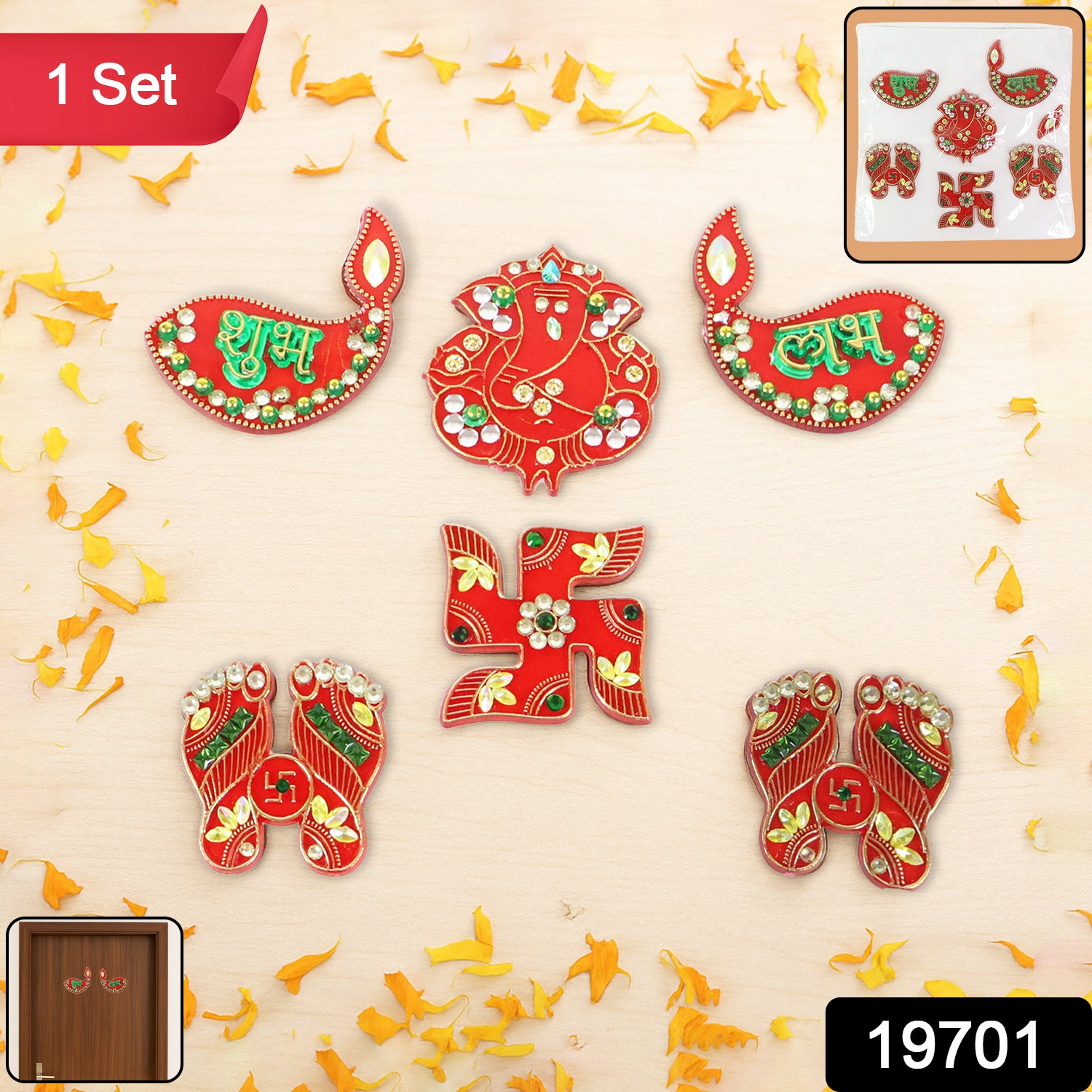 Set of six traditional Wukusy decorative Shubh Labh door hangings for home decor, featuring intricate designs and vibrant colors.