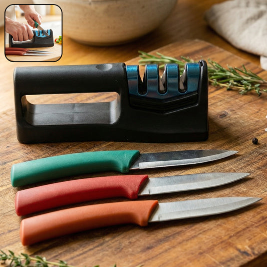 Wukusy 3-piece multipurpose kitchen knife set with knife sharpener, including chef knife, paring knife, and sharpening tool on a wooden cutting board