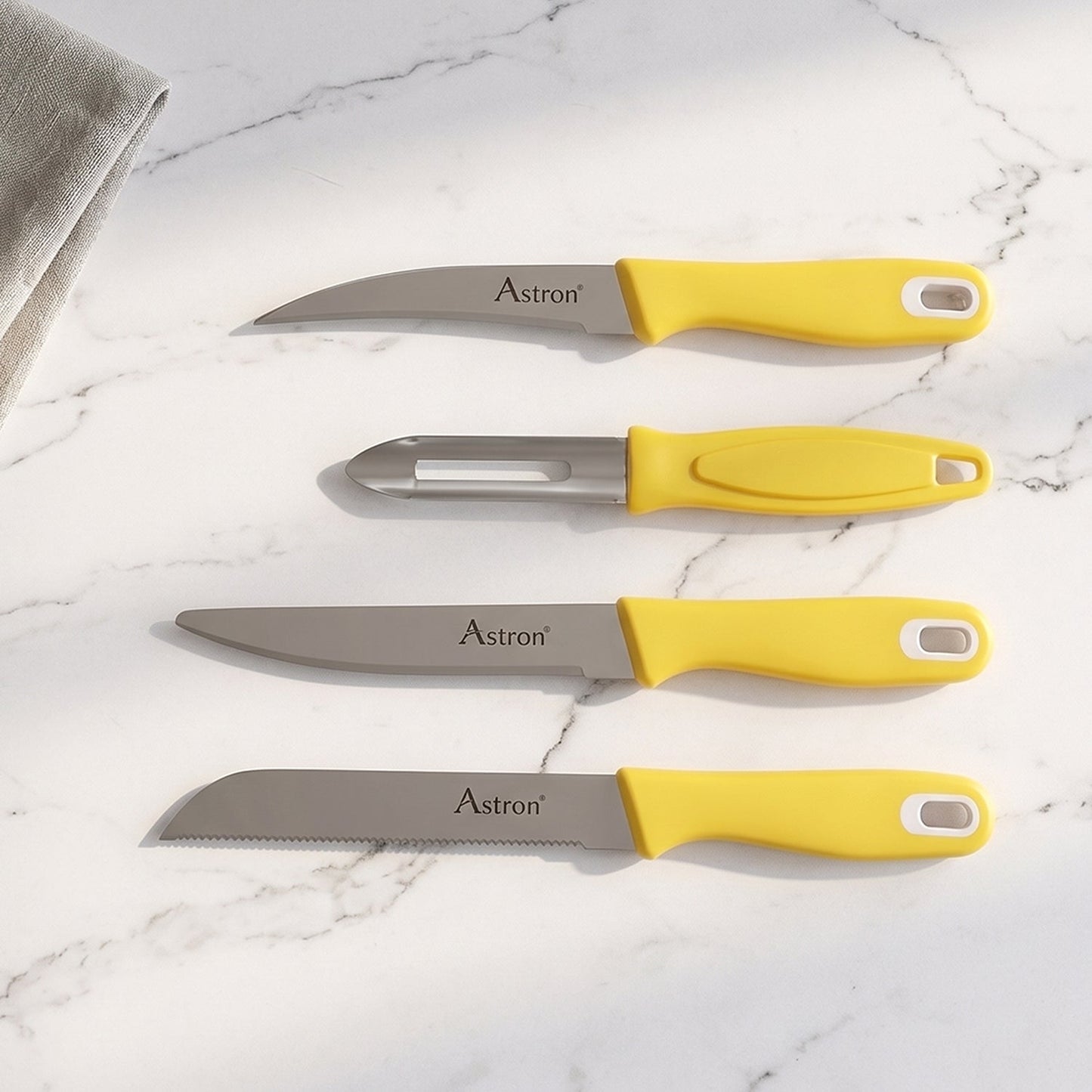Wukusy 4-piece kitchen knife set with plastic handles and stainless steel peeler, including chef's knife, paring knife, and utility knife.