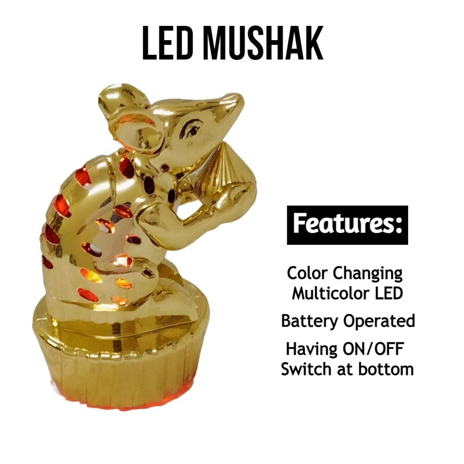 Wukusy multicolour LED Mushak for Ganpati decorations, decorative LED mouse light, single piece for home improvement Ganpati setup