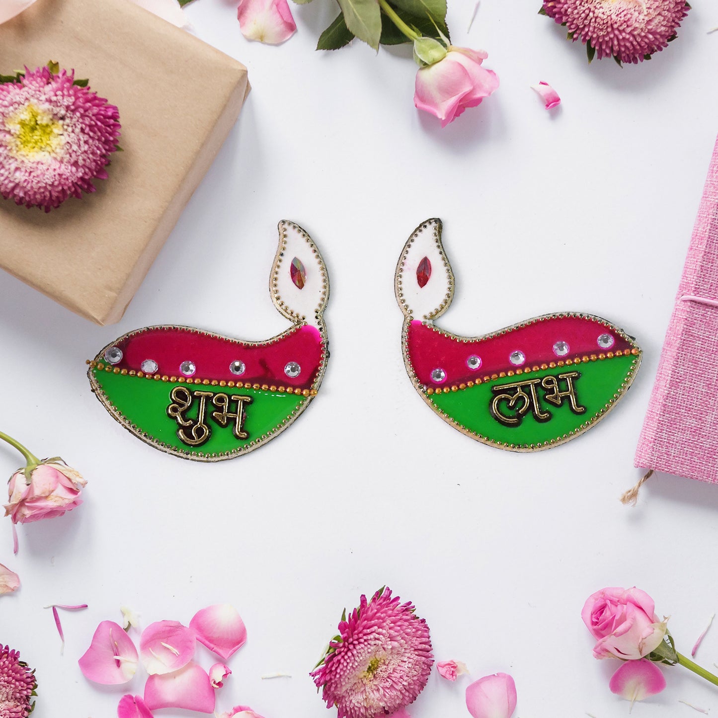 Wukusy Shubh Labh Diya-shaped wall hangings, 2-piece home decor set with traditional diya design for auspicious decoration.