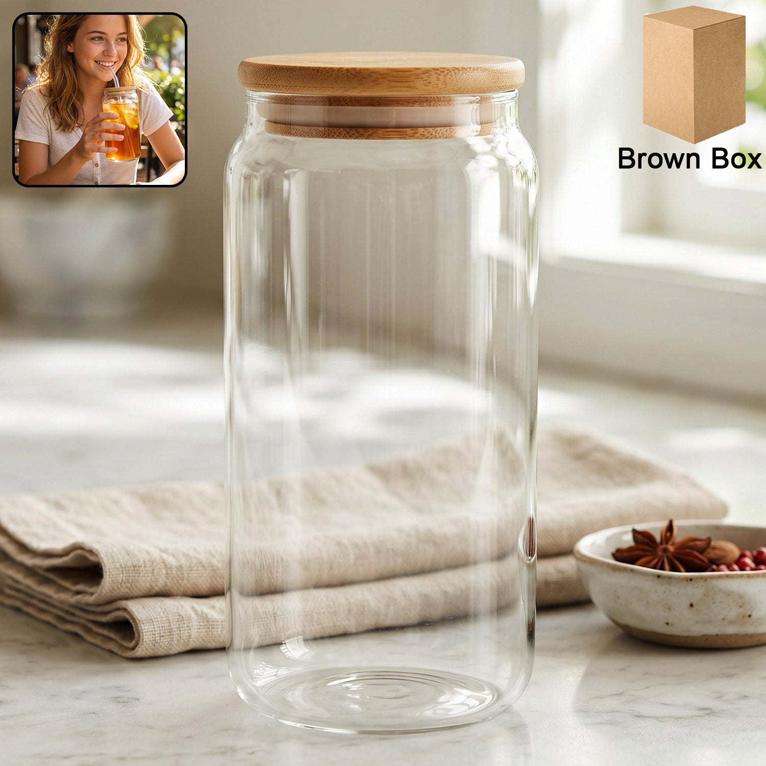 Wukusy airtight glass storage jar with bamboo wooden lid, kitchen canister for storing dry goods or snacks.