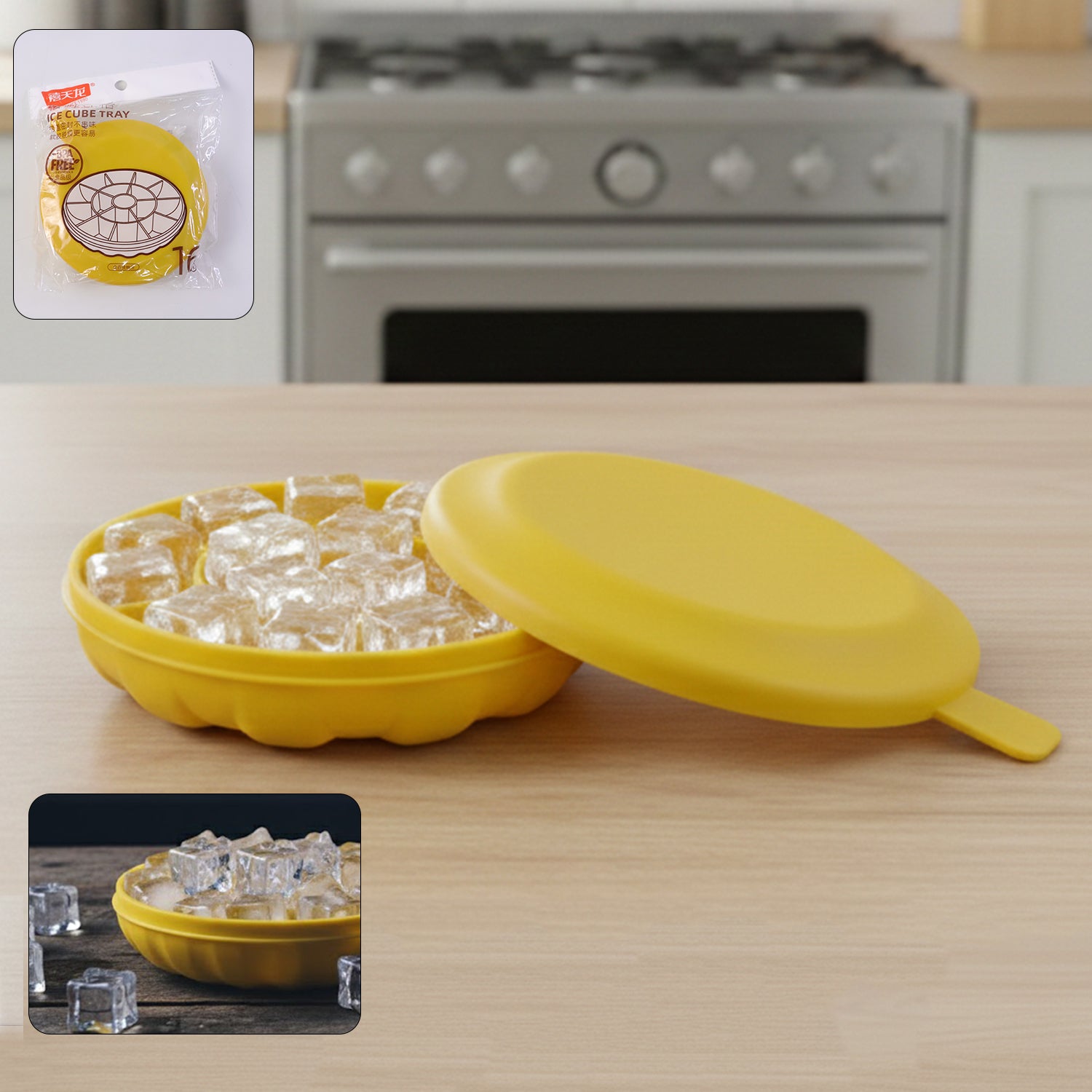 Wukusy premium round ice cube tray with lid, showing silicone mold filled with clear ice cubes and matching lid for easy storage