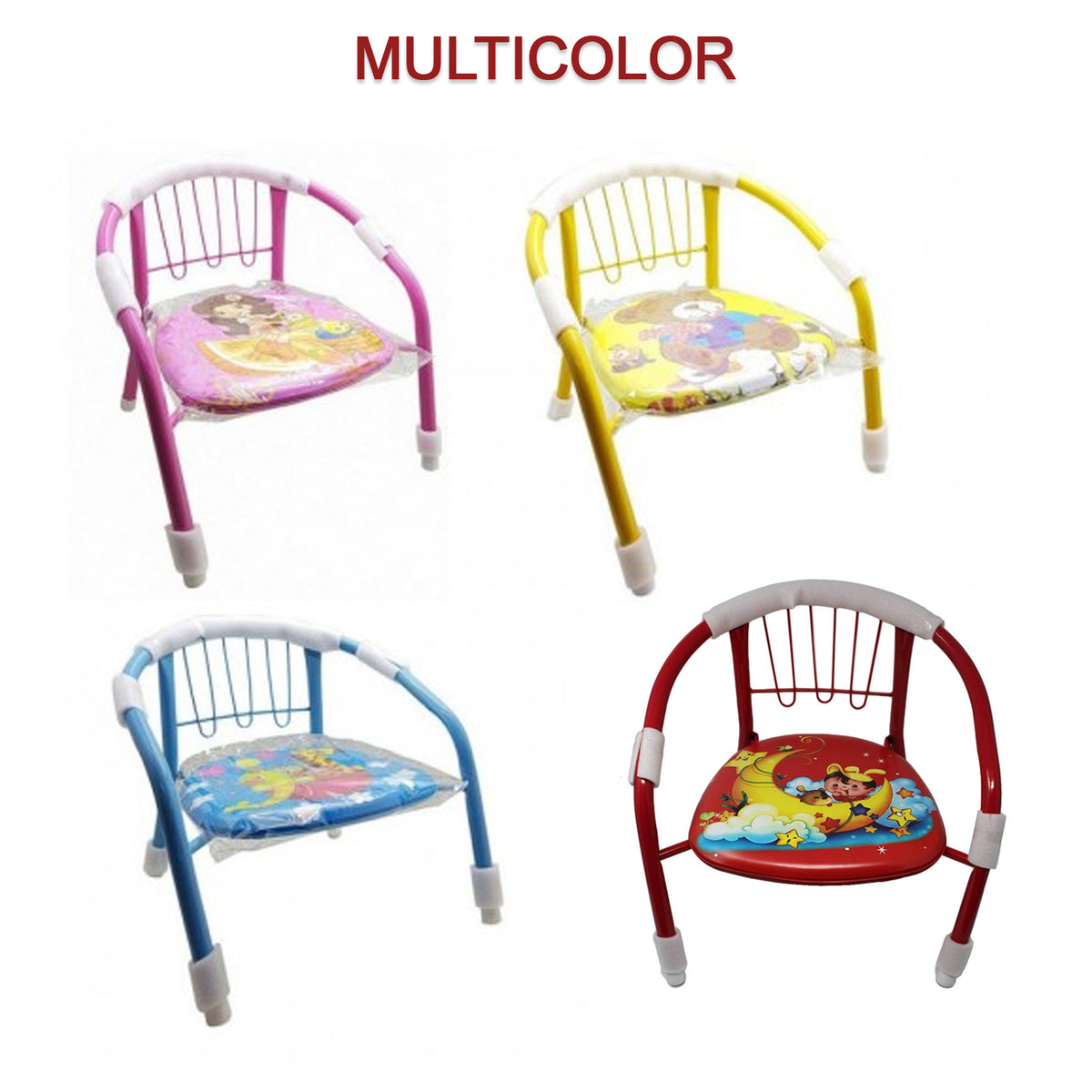Colorful cartoon design baby chair by Wukusy with soft cushion and metal backrest for toddlers, 4-piece set.