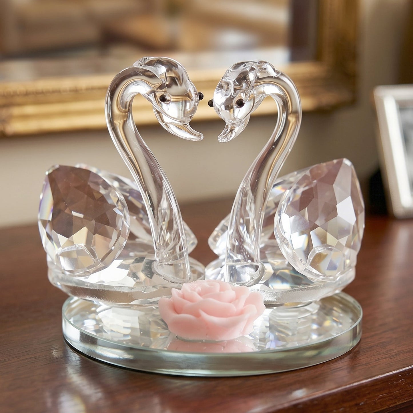 Pair of glass crystal swan figurines by Wukusy, decorative couple swan home decor, showcasing elegant transparent glass craftsmanship.