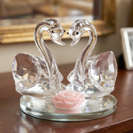 Pair of glass crystal swan figurines by Wukusy, decorative couple swan home decor, showcasing elegant transparent glass craftsmanship.