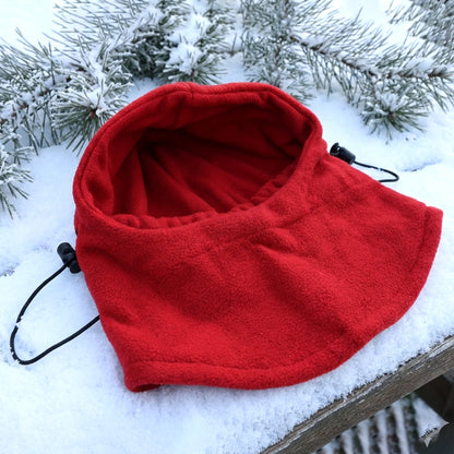 Wukusy winter fleece face cover and cap, soft warm fabric, shown worn over head with face covering in a winter setting