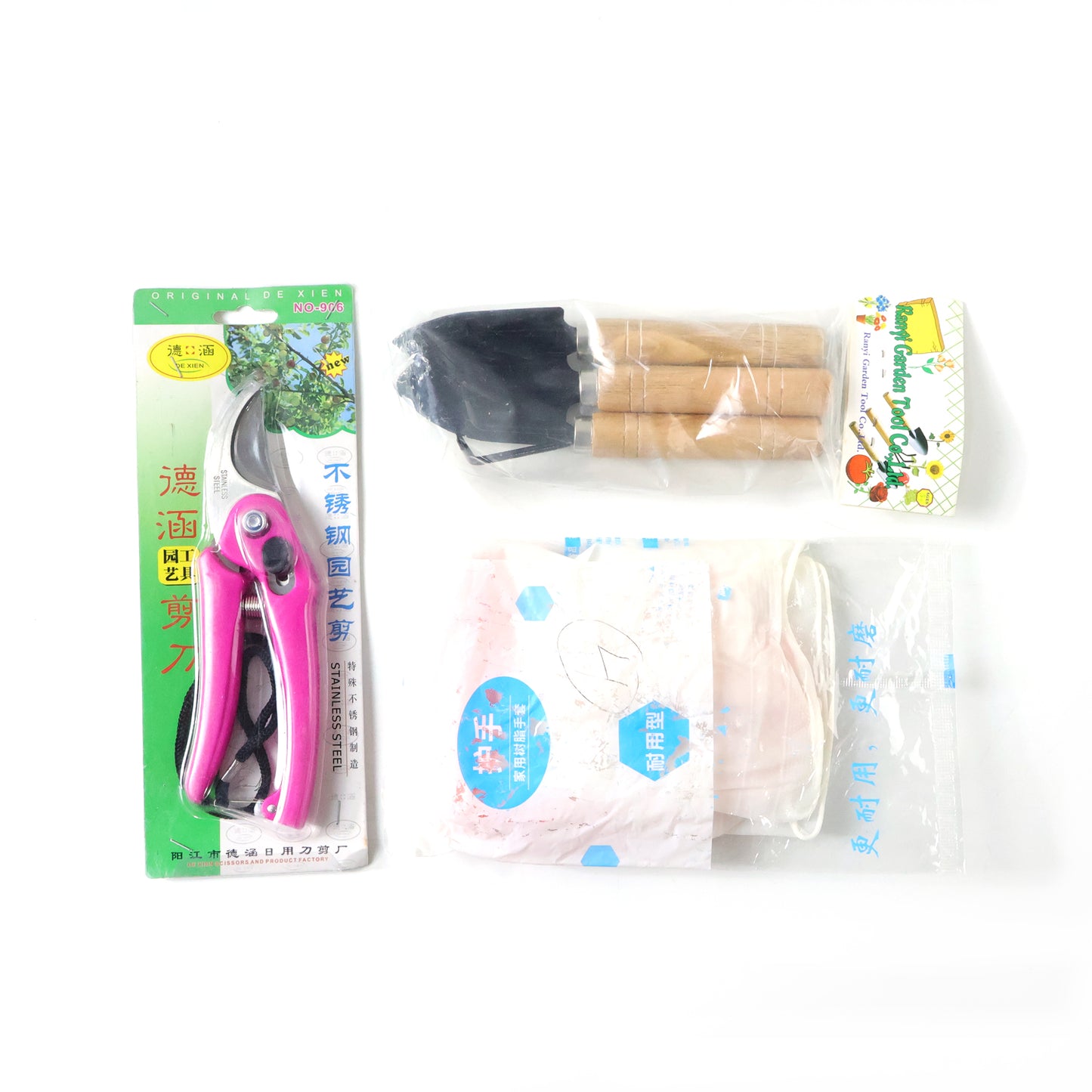 Wukusy complete gardening tool kit with trowel, pruners, cultivator, and gloves, arranged on a wooden surface for gardening tasks