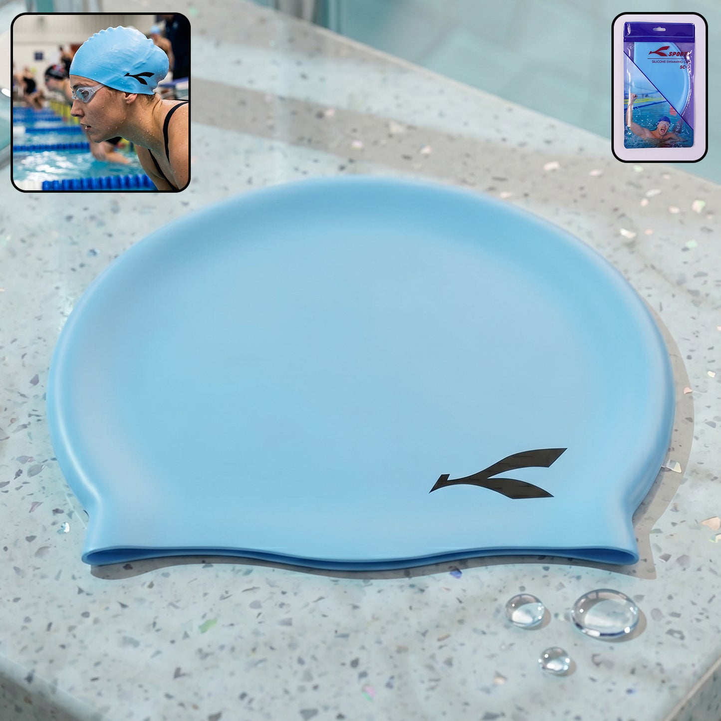 Wukusy waterproof stretchable silicone swimming cap, shown in blue, fits snugly to protect hair during swimming.